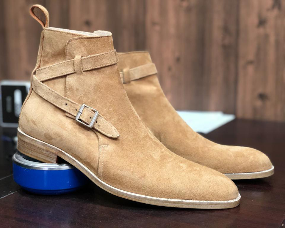 Handmade Tan Suede Jodhpur's High Ankle Monk Strap Boots For Men