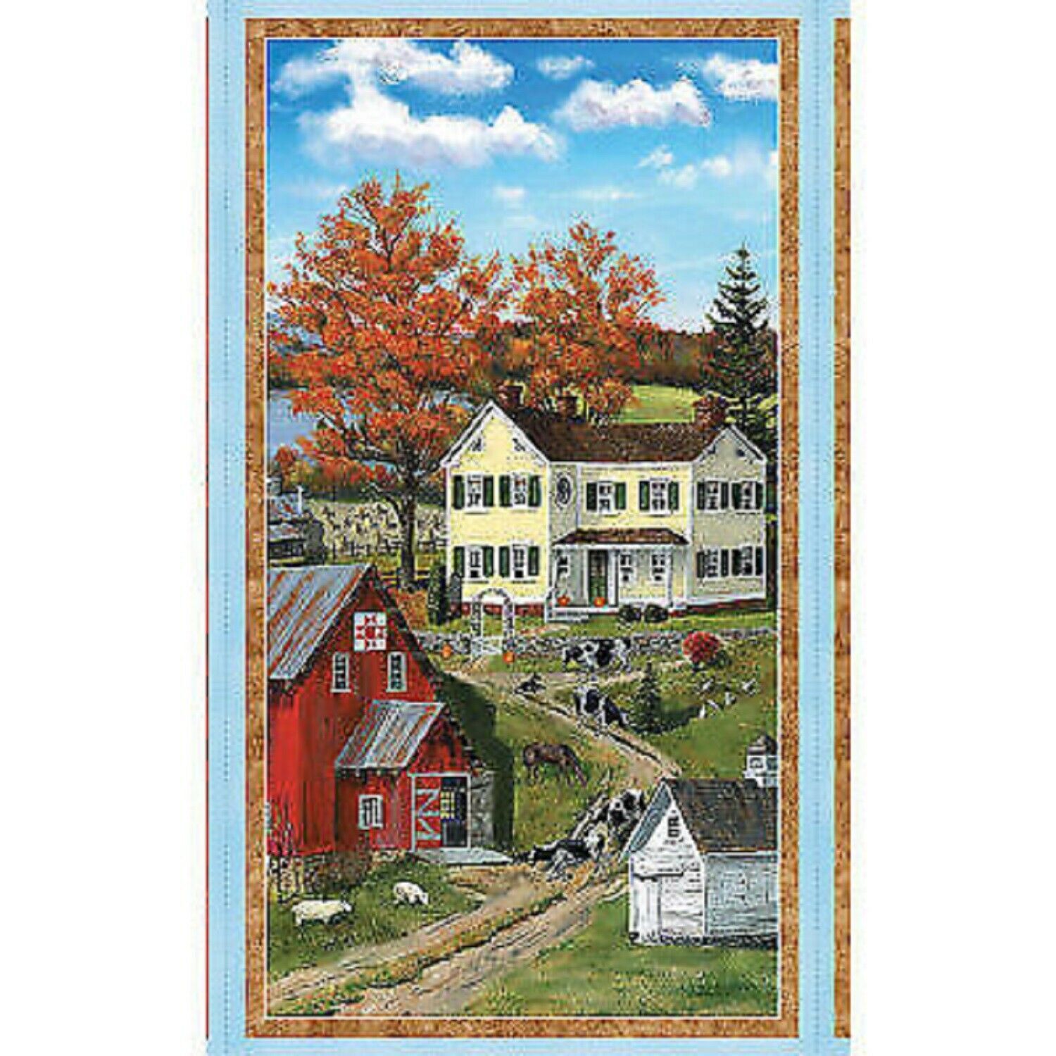 Autumn Grove Panel By Wilmington Prints-fall Trees-farm House-cows-red 