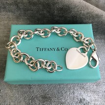7.75" Tiffany & Co Blank Heart Tag Charm Bracelet with Box in Sterling Silver - $259.00