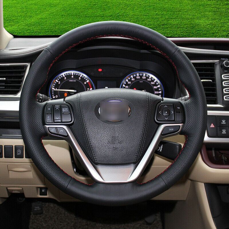 black leather red stitch car steering wheel cover for Toyota Highlander