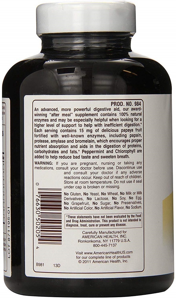 American Health Super Papaya Enzyme Plus Chewable Tablets, Natural Papaya Flavor