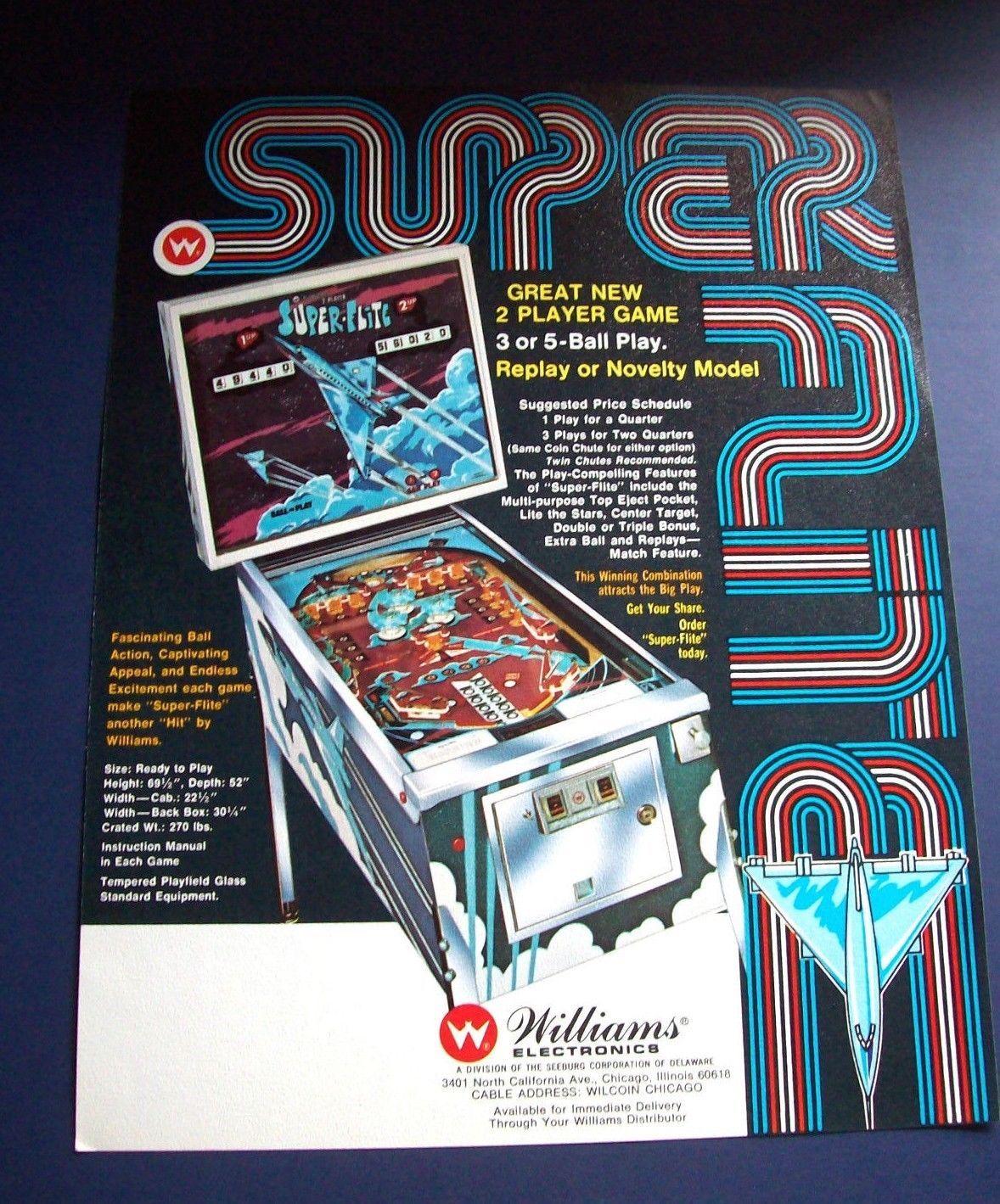 Super Flite Pinball FLYER 1974 Williams Original NOS Game Art Concorde ...