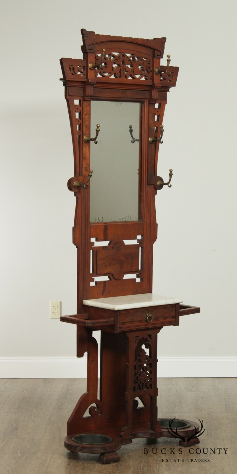 Antique Victorian Walnut Mirror Back Hall Tree, Umbrella Stand