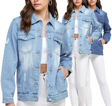 Women's Classic Casual Cotton Lightweight Distressed Denim Button Up Jean Jacket