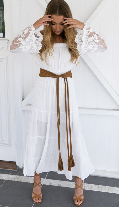 white dress with bell sleeves long