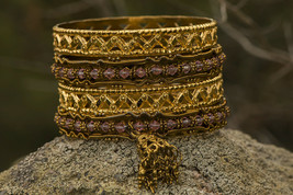 Set of 4 Pink Gold Indian Bollywood Wedding Gypsy Ethnic Bangles Size Sm... - $19.84