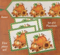 5 Pc Tapestry Set: 4 Placemats (13"x18") & 1 Runner (74"x14) PUMPKIN, HARVEST - $24.74