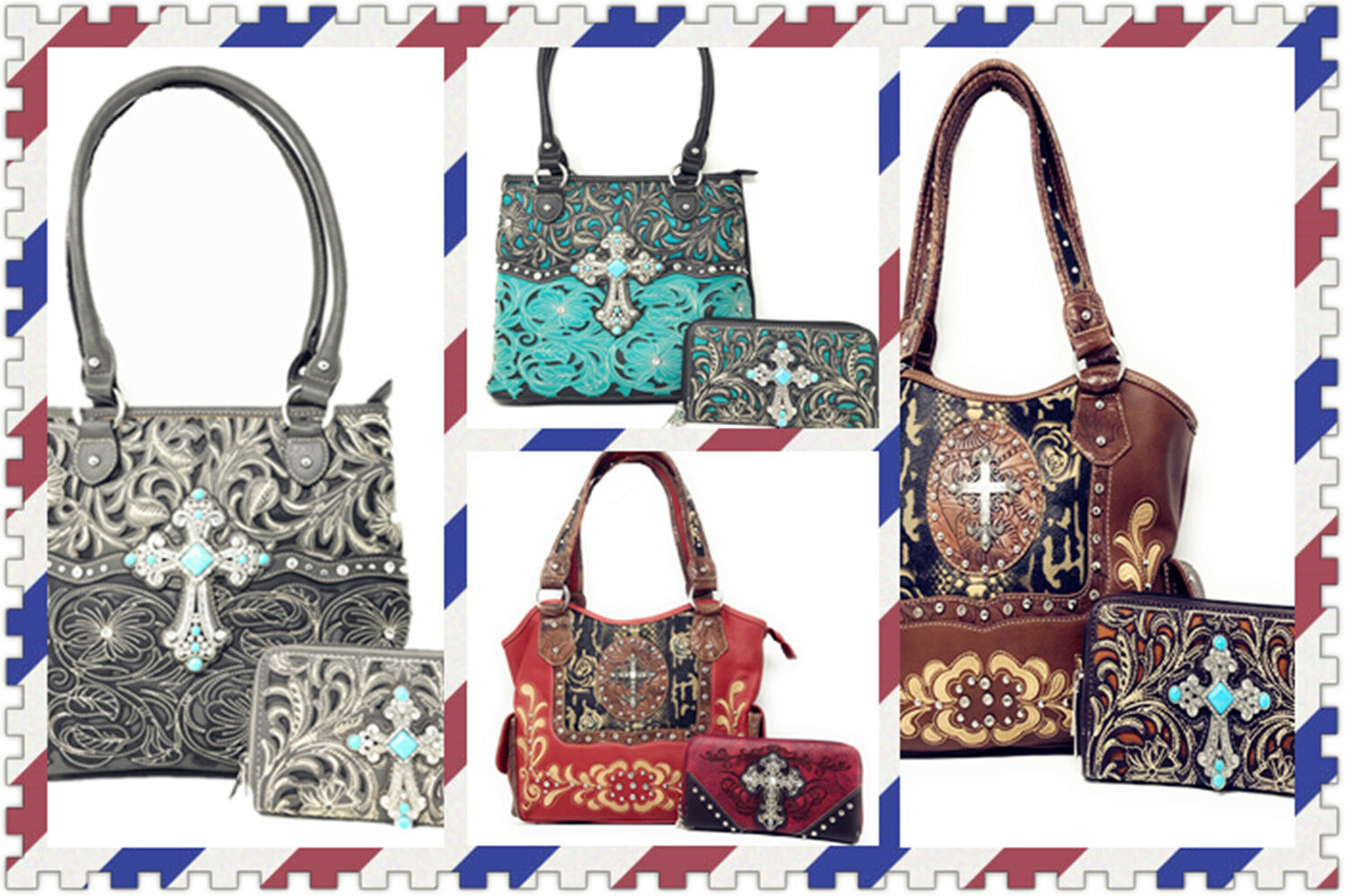 Premium Rhinestone Cross Floral Tooled Tote Handbag and Wallet in 3 colors.