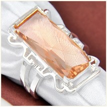 Pale Iced Fire Rectangle Morganite Baguette Filligree Silver Plated Ring