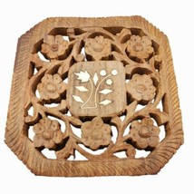 Vintage Wood Footed Trivet Hand Carved with Inlay Made In India 5&quot; x 5&quot; ... - $9.89
