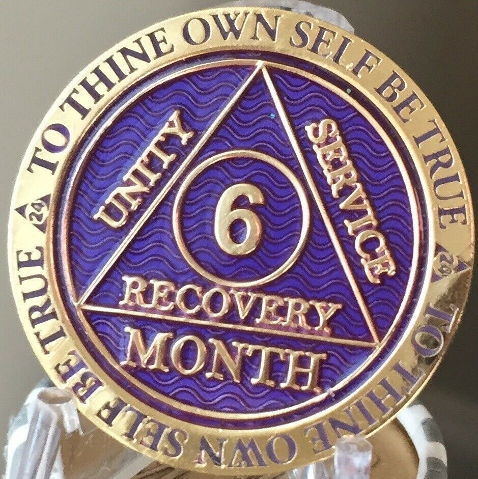 6 Month AA Medallion Reflex Purple Gold Plated Sobriety Chip Coin