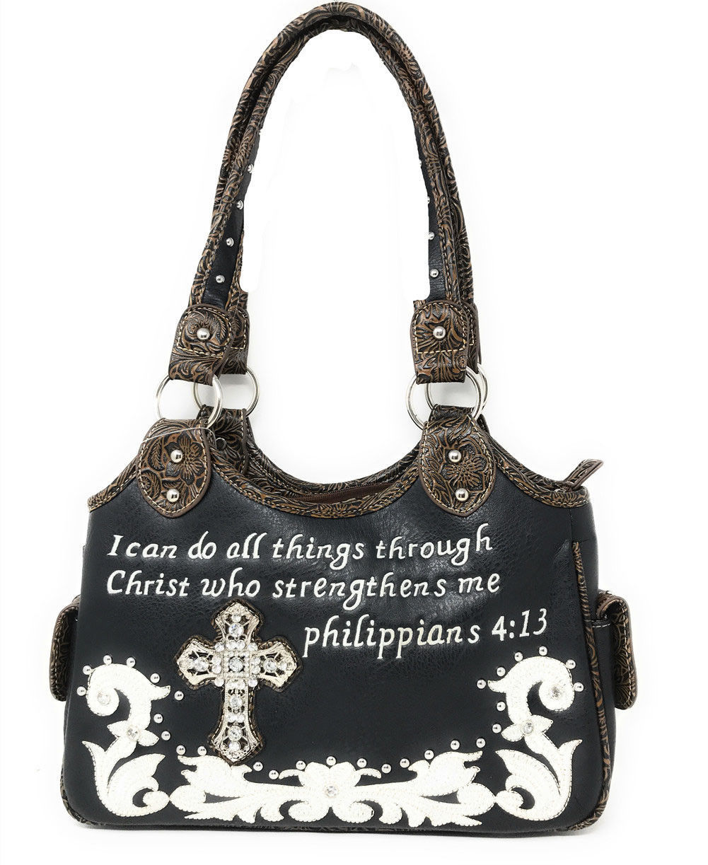 Concealed Carry Bible Verse Rhinestone Cross Flora Embroidered Women