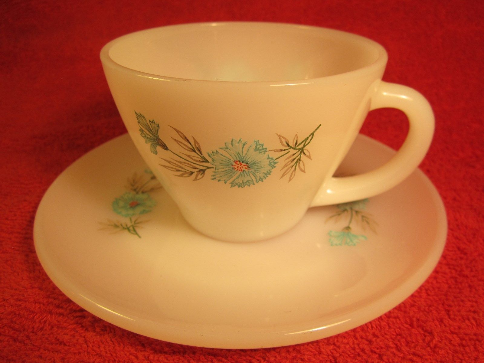 Primary image for FIRE KING Coffee Cup & Saucer FLORAL Blue Flowers PREMIUM 8 oz [Z183]