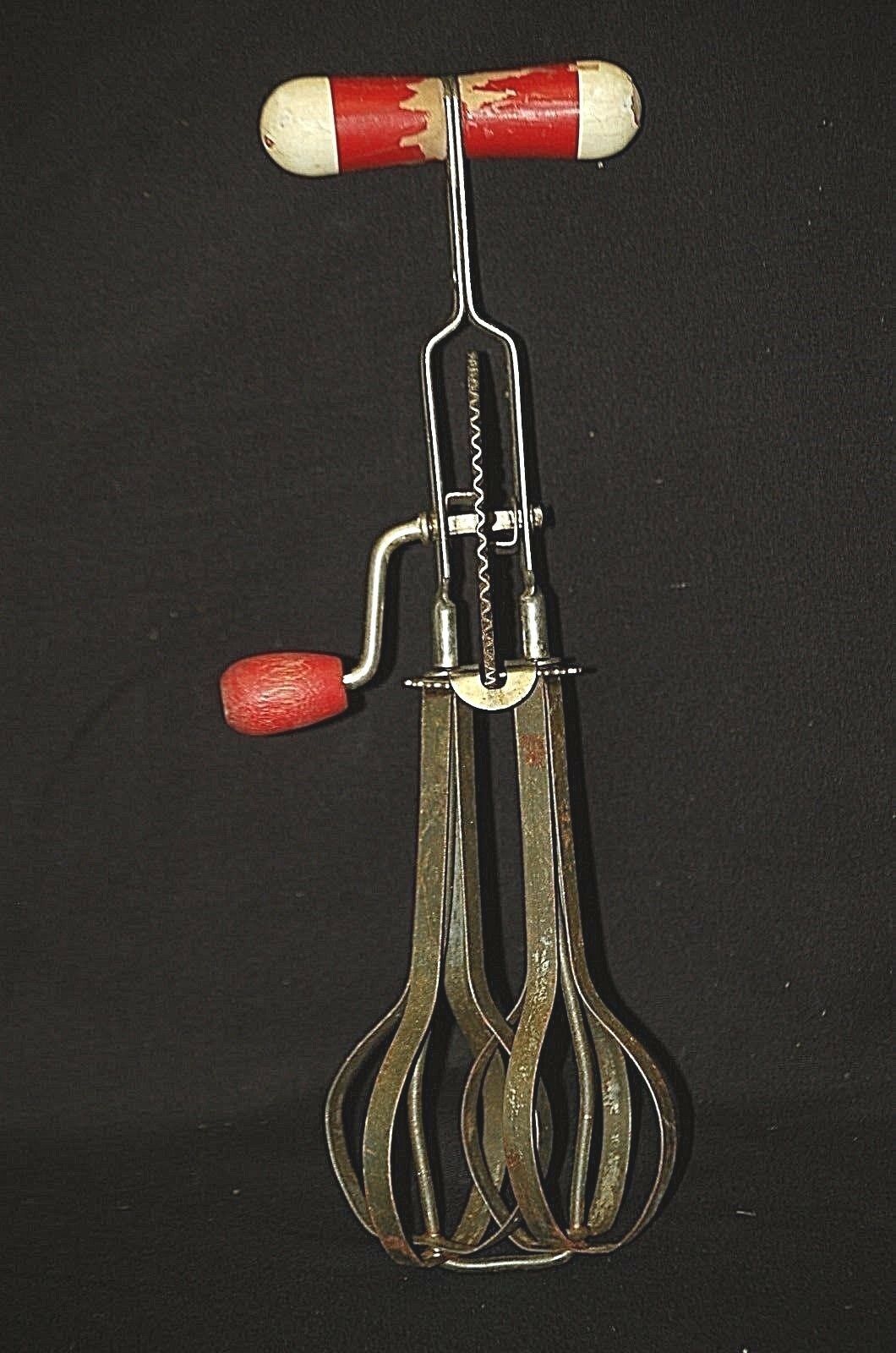 Old Vintage A&J Ekco Egg Beater Hand Mixer Red & Cream Wooden Handle ...