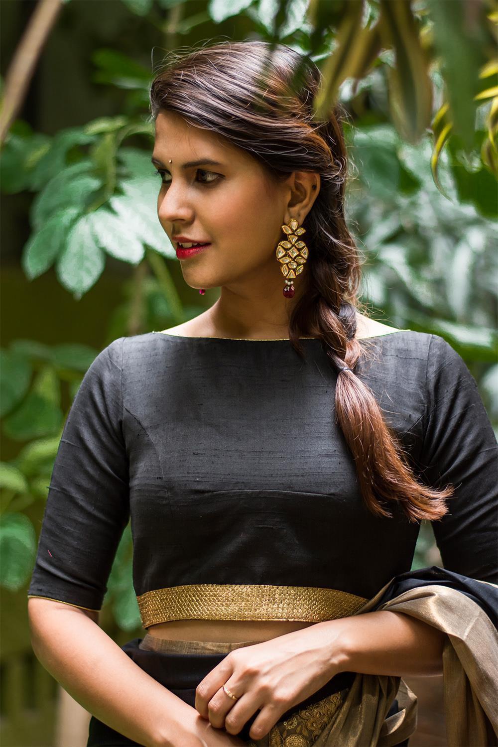 Black raw silk boat neck blouse | Ready made Indian Saree Blouse - Sari, Saree