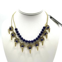 Ann Taylor Gold Tone Double Chain Necklace Blue Beads Crystal Fringe $80 - $32.68