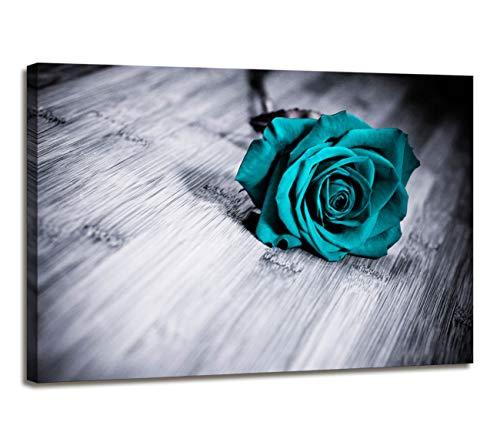 Teal Rose Flower Canvas Wall Art for Bedroom Black and white Modern ...