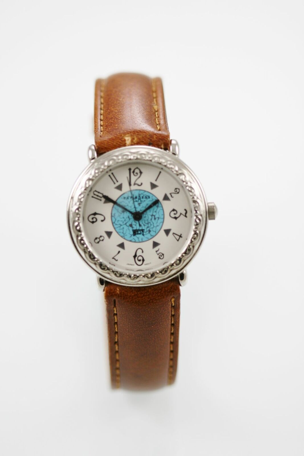 LA Express Watch Womens Silver Stainless Steel Leather Brown White Blue