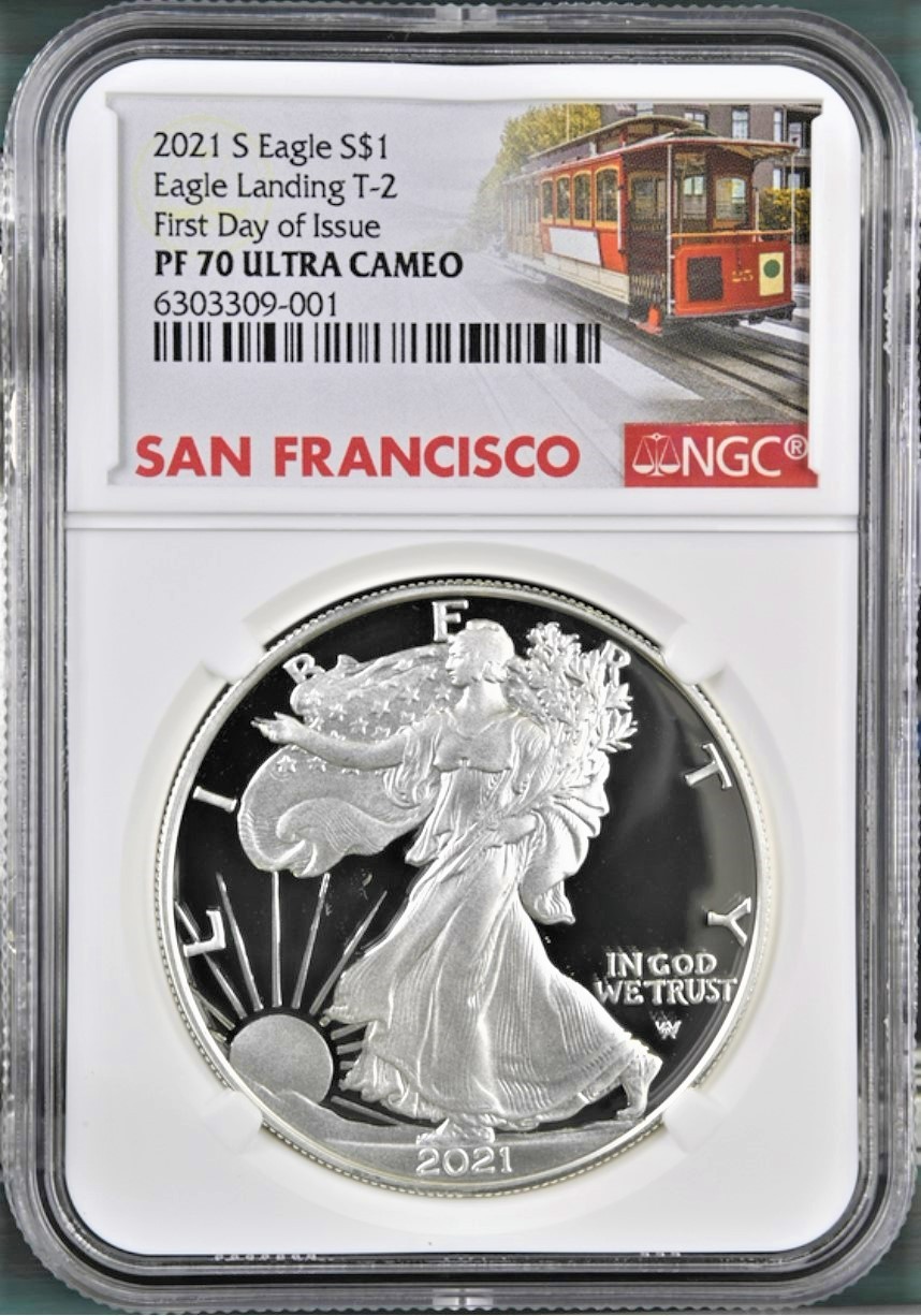 2021 S PROOF SILVER EAGLE $1, TYPE 2, NGC PF70UC FDOI, SF TROLLEY LABEL
