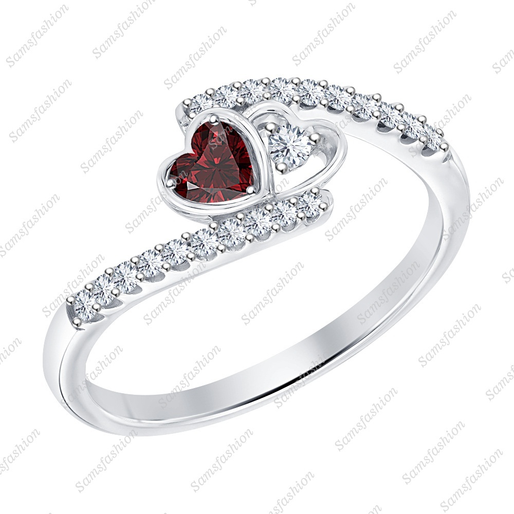 Heart Shaped Red Garnet & Diamond 14k White Gold 925 Double Heart Promise Ring