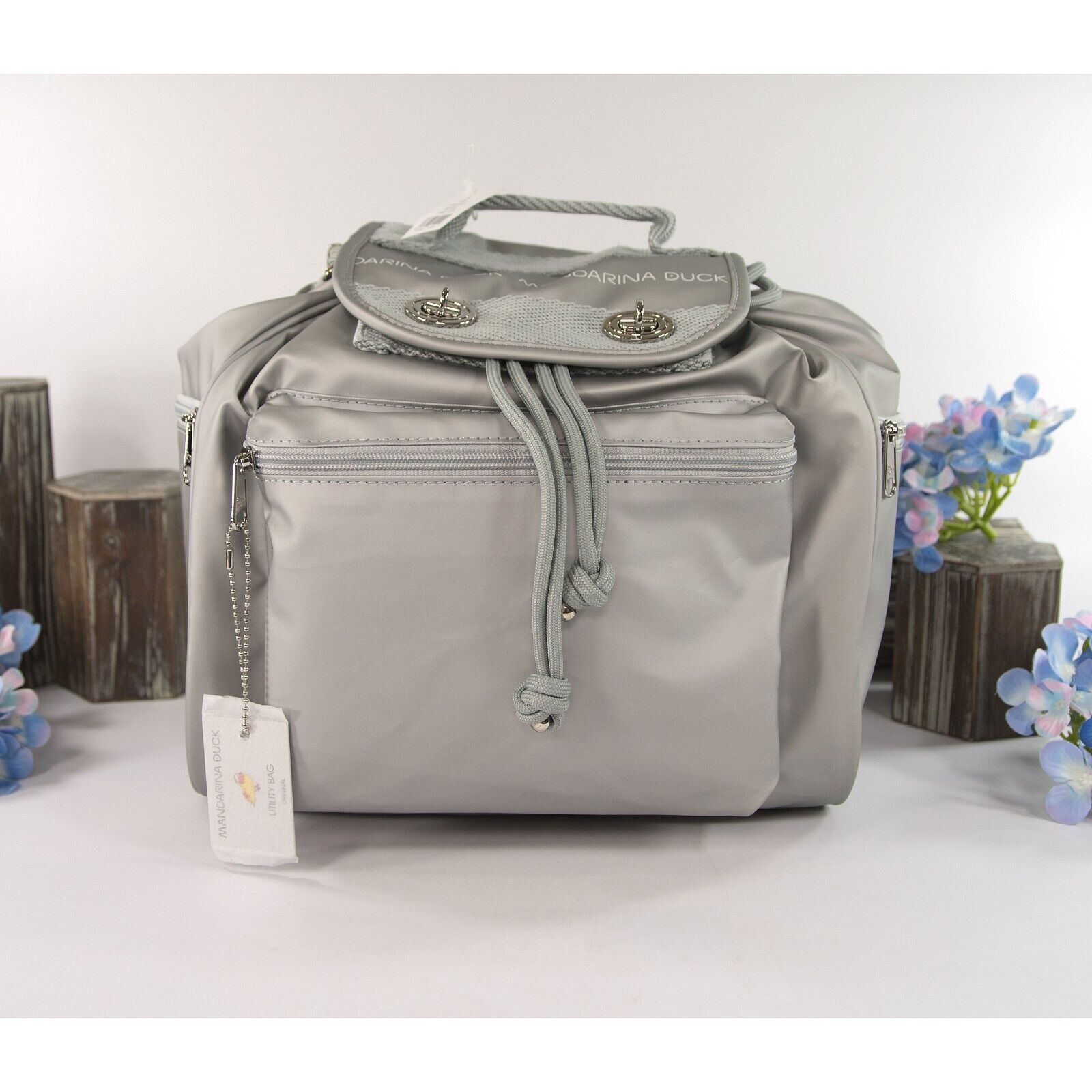Mandarina Duck Silver Drawstring Utility Large Backpack Book Bag NWT