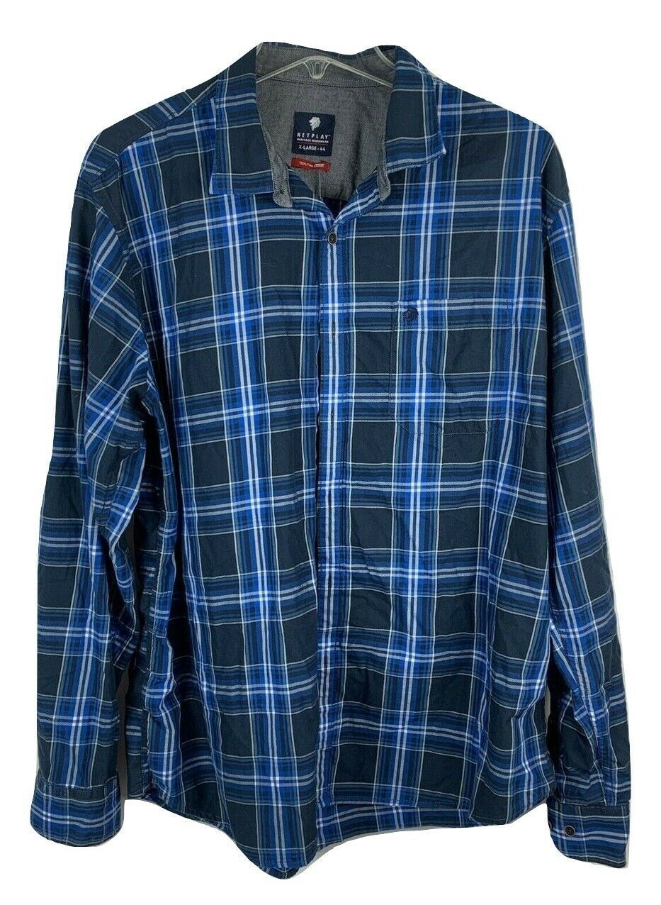 NETPLAY HERITAGE Mens Sz XL 44 FINE Cotton Blue Checkered Button Down ...