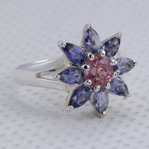 Pink Spinel Burma Round Iolite Petals 925 Silver Ring size 9.25 Flower Design 36 - $127.30