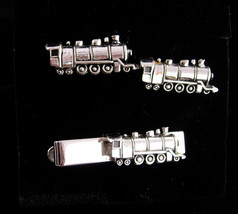 Train cufflinks set / railroad tie clip / silver Tie bar / Vintage Engin... - $145.00