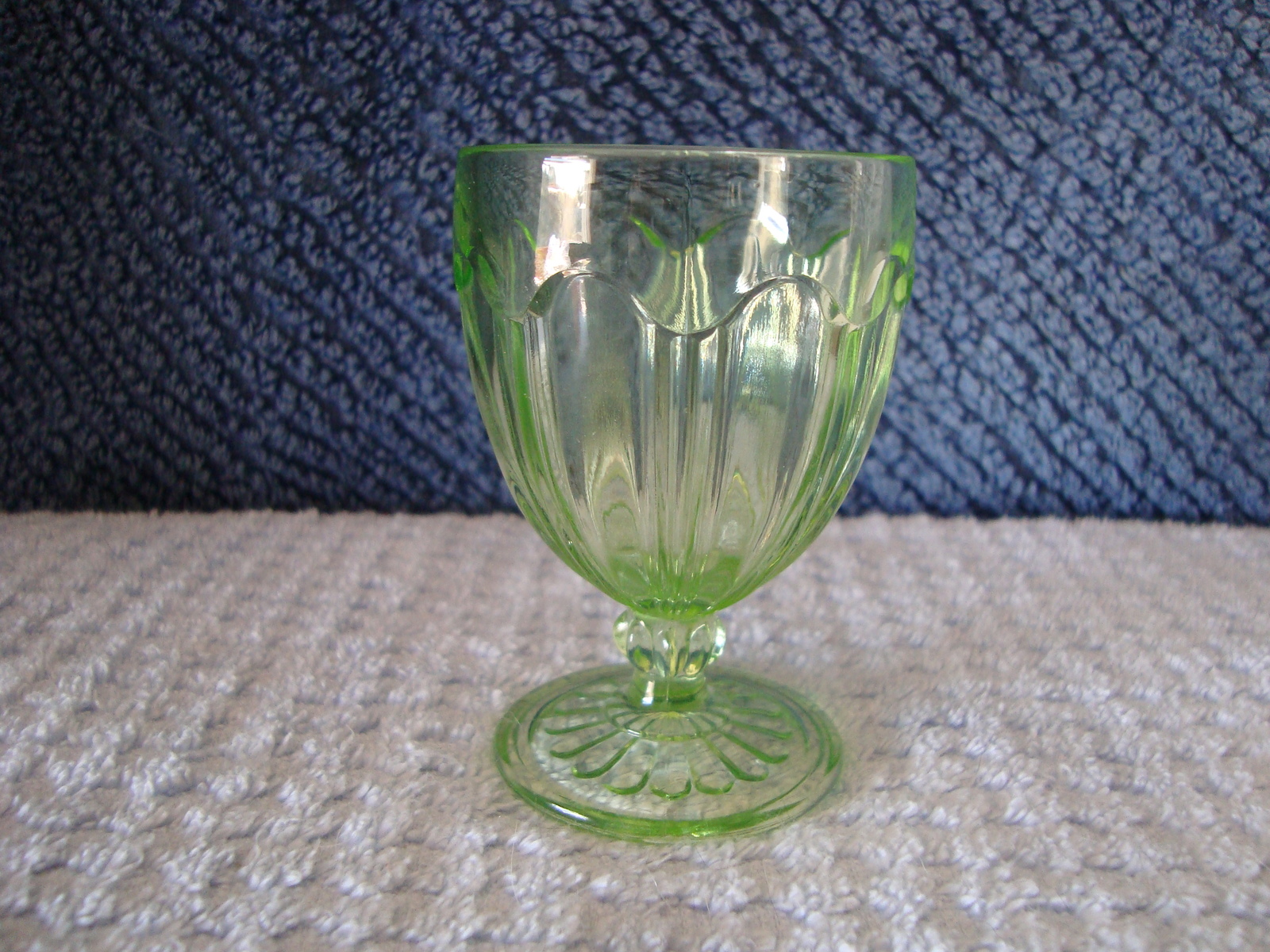 Primary image for Green Vaseline glass footed cordial glass.