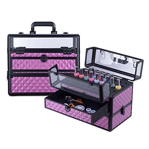 Clear Panel Top Nail Polish Makeup Train Case 16" Aluminum Professional Cosmetic Makeup Tools