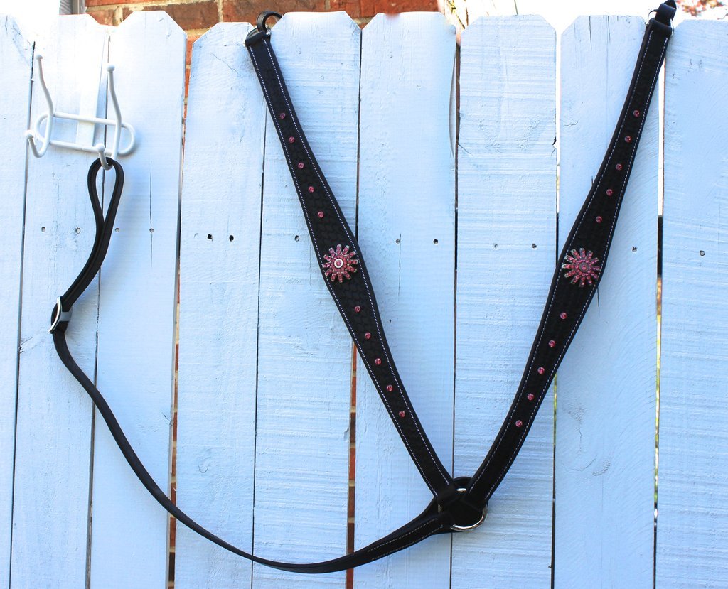 Draft Horse Black Leather Breast Collar with Pink Crystals Breast Collars