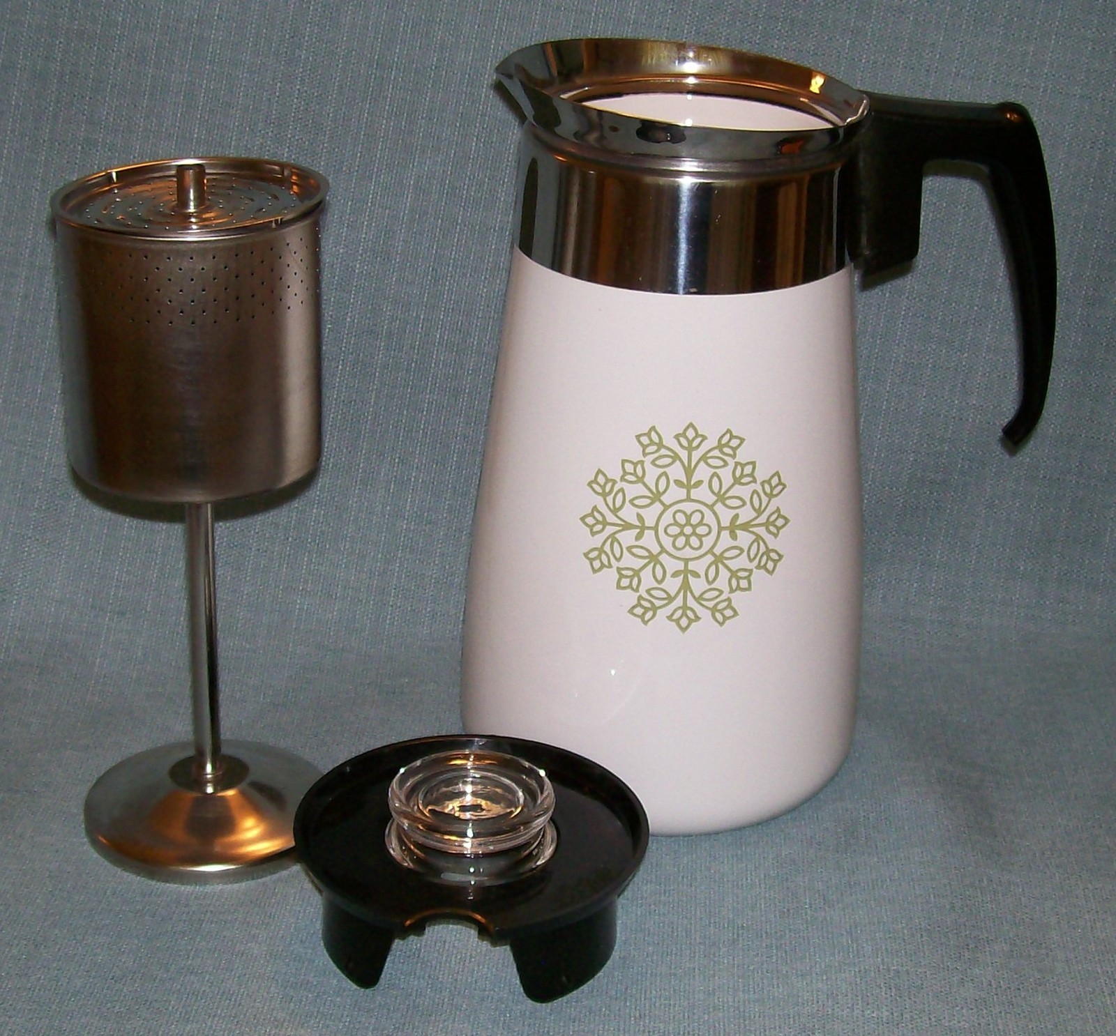 Vtg Corning Ware GREEN MEDALLION Stove Top Coffee Pot/Percolator 9 cup