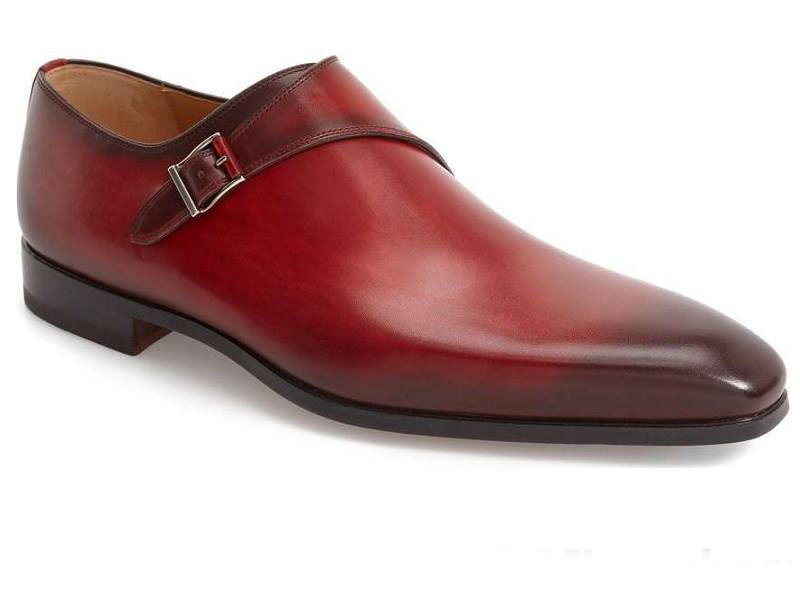 Maroon Red Genuine Leather Burnished Toe Stylish Monk Single Buckle Strap Shoes