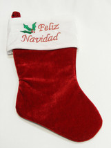 RED VELVET CHRISTMAS STOCKING w/ &quot;FELIZ NAVIDAD&quot; &amp; HOLLY BERRIES EMBROID... - $12.88