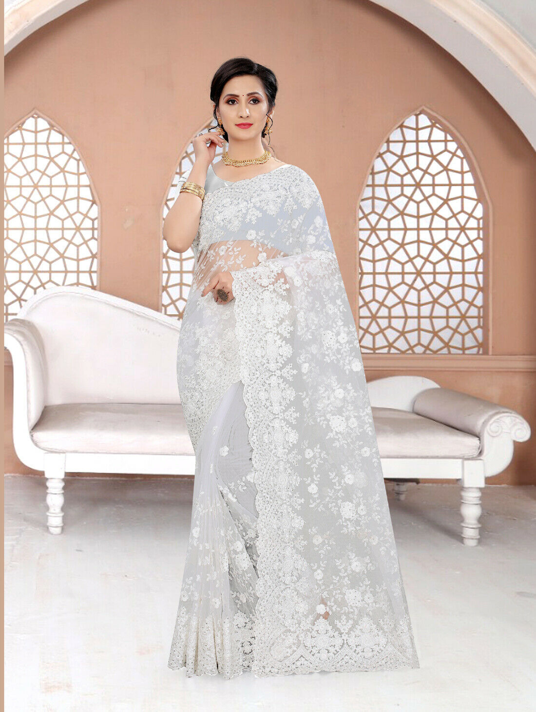 Designer Heavy White Resham Embroidery Moti Stone Work Net Sari Party Wear Saree