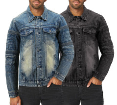 Men's Moto Quilted Cotton Blend Faded Denim Button Up Jean Jacket Slim Fit