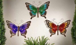 Butterfly Wall Plaque Metal & Glass Garden Decor - Purple, Green or Orange