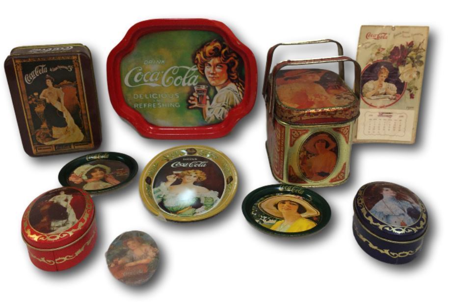 Primary image for Coca Cola Metal Tin Containers Calendar Coaster Trays Hand Mirror Coke Lot 10