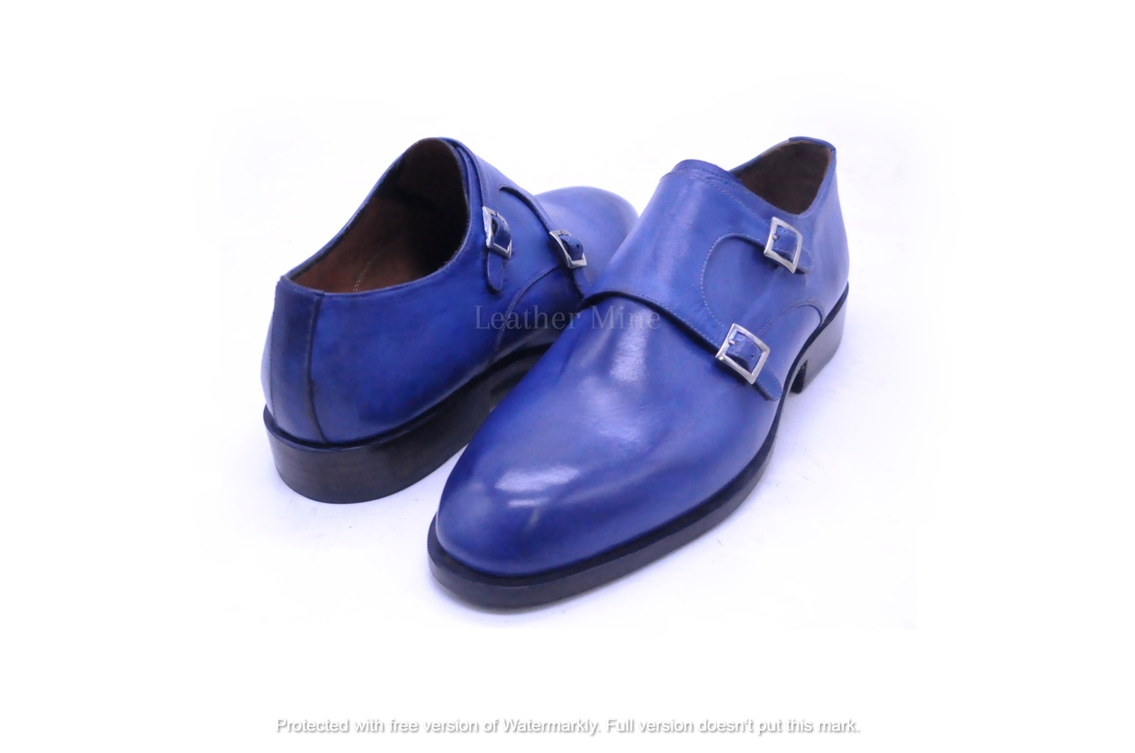 Men's Handmade Blue Patina Leather Double Monk Formal Custom Made Shoes