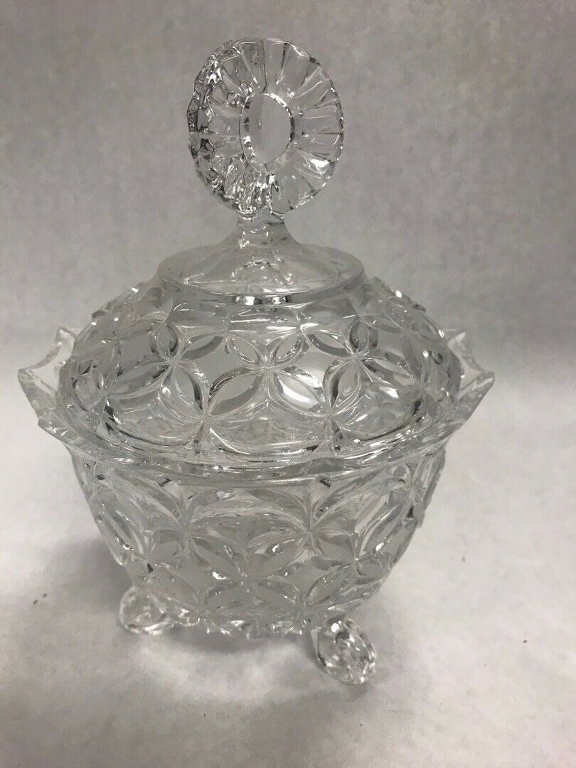 2 pc Vintage cut crystal candy dish lid pedestal 3 feet on bottom centerpiece Bowls