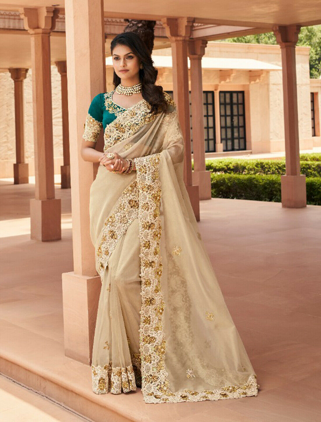 Designer Beige Zari Sequence Embroidery Sari Shimmer Dupion Wedding Wear Saree