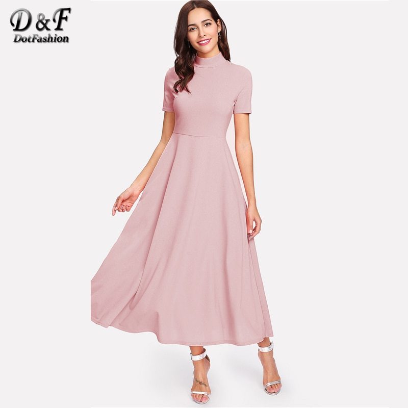 Dotfashion Zipper Pocket Mock Neck Fit & Flare Dress 2018 Summer Stand ...