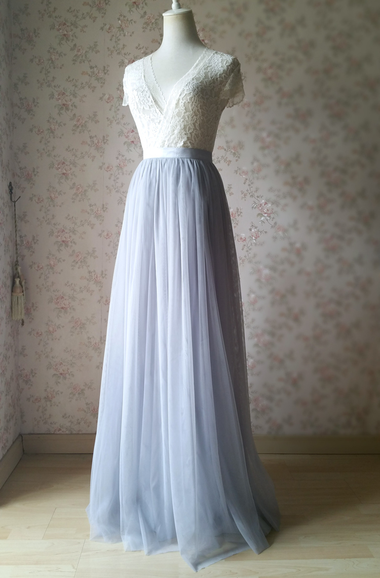 Light Gray Tulle Skirt Floor Length Tulle Maxi Skirt Bridesmaid Skirt