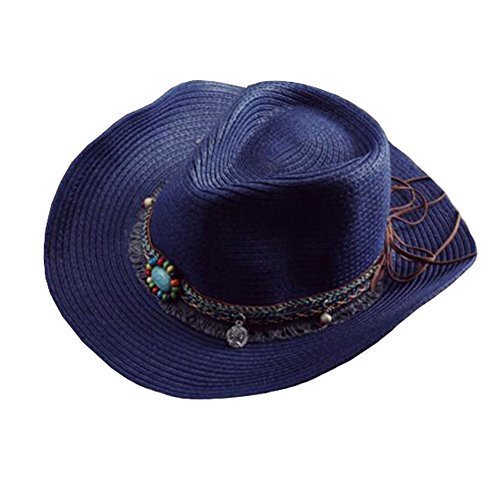 Sun Hat Costume Cowboy Hats Beach Headwear Straw Hat-A3 Navy Blue