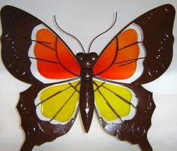 Monarch Butterfly Wall Plaque Monarch Metal Glass Garden Fence Orange Yellow  - $34.64