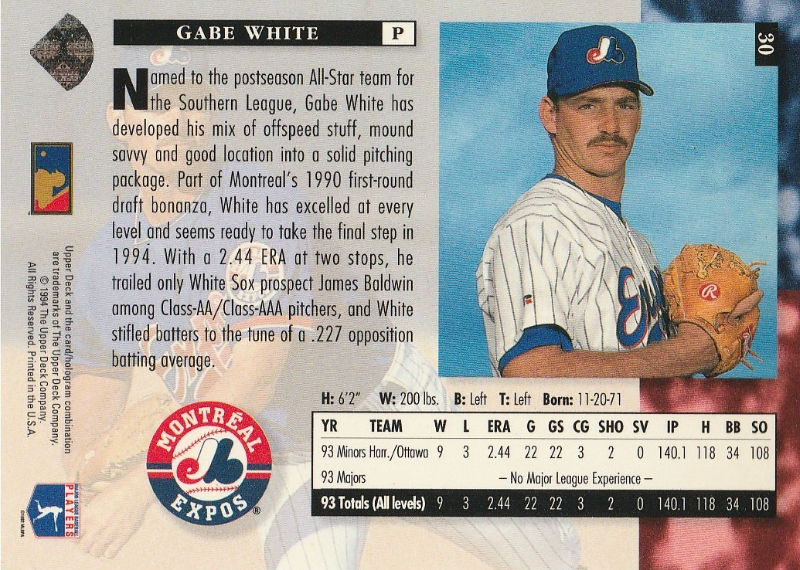 1994 Upper Deck #30 Gabe White - Baseball Cards