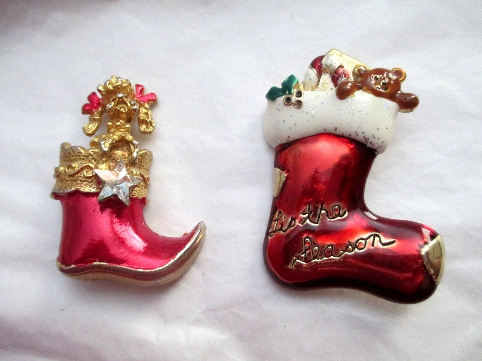 Primary image for VTG Christmas Stocking Brooch Pin Gold Tone Enamel Lot Of 2 Poodle Teddy Bear