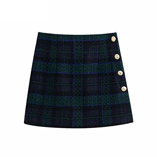 Vintage Plaid Print Tweed Woolen Back Zipper Slim Mini Skirt Lady Side Buttons C