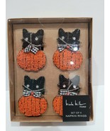 Nicole Miller Halloween Beaded Black Cat Pumpkin Napkin Rings Set Of 4 - $32.66