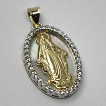 18K YELLOW WHITE GOLD MIRACULOUS MEDAL VIRGIN MARY MOTHER OF PEARL ZIRCONIA 21mm image 3